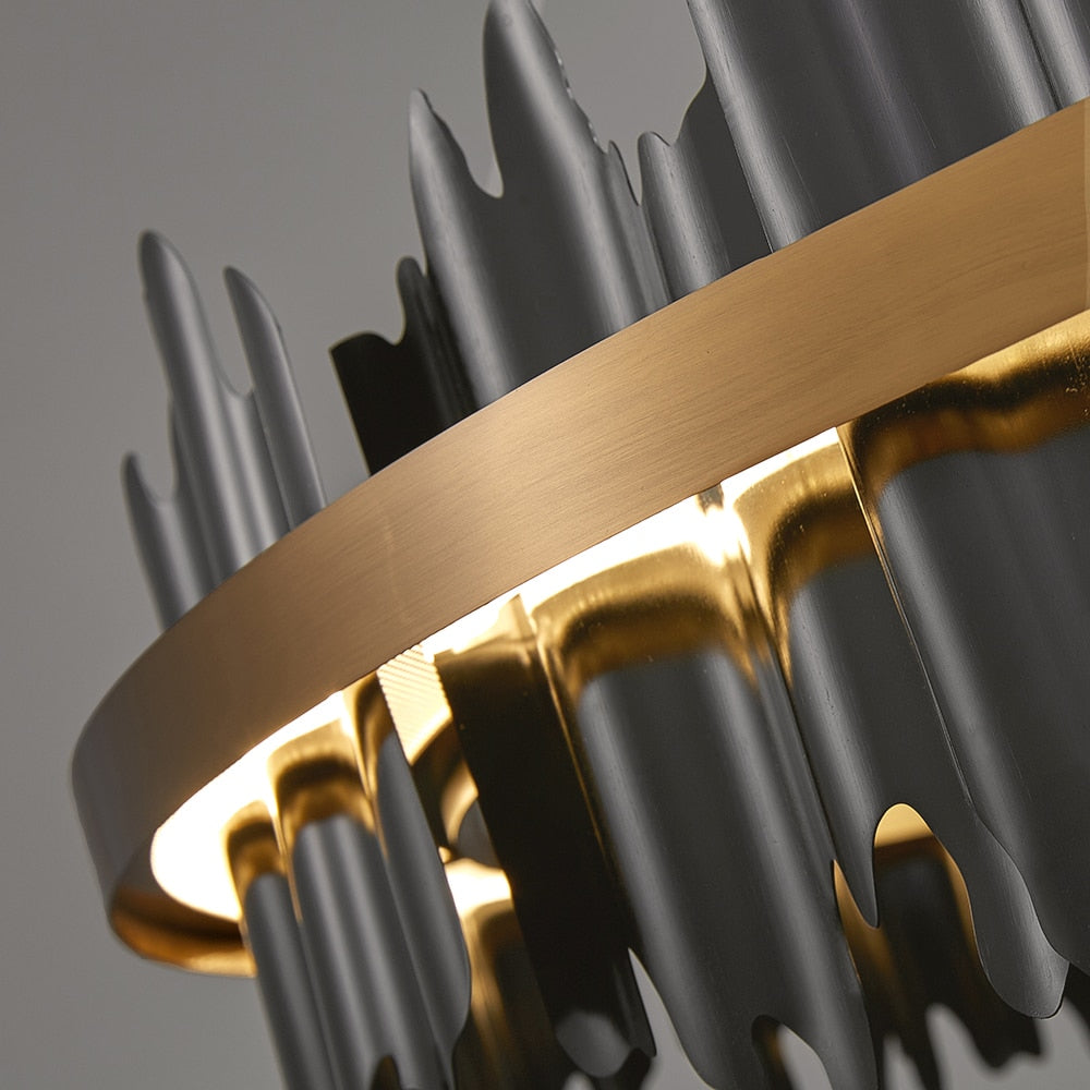 Side angle showcasing the dynamic fin design of the Douala Circular Chandelier