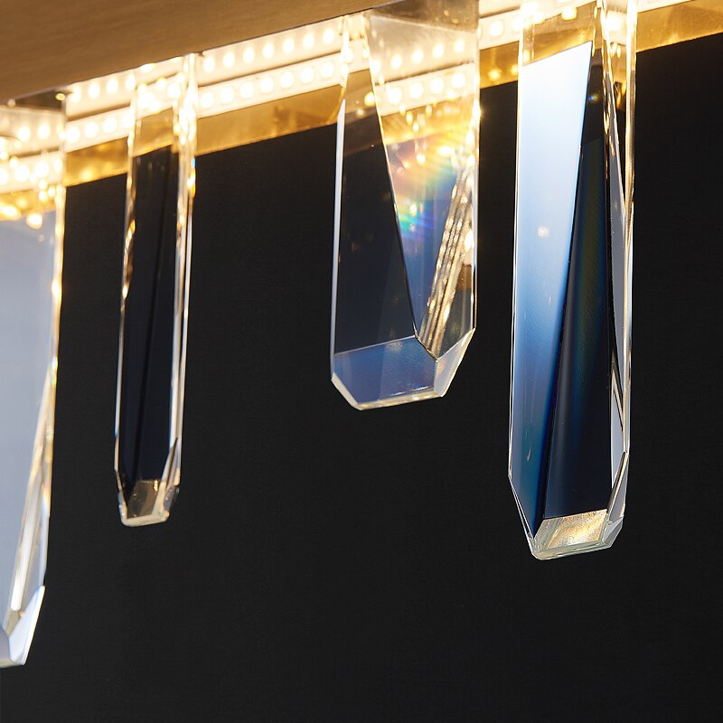 Close-up of diamond cut faceted crystal drops on the Grantchester Rectangular Chandelier