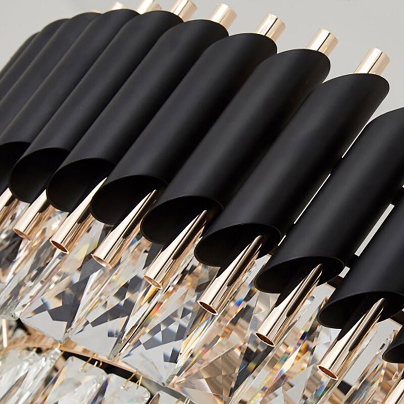 Close-up of VORELLI® chandelier featuring precision cylinder tubing and diamond cut crystal elements