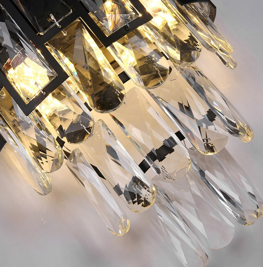 Detailed view of cascading faceted arch cut crystals on Presidio wall sconce