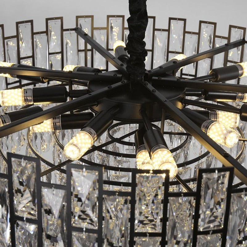 Close up underside view of rectangular crystal bars on Presidio pendant light