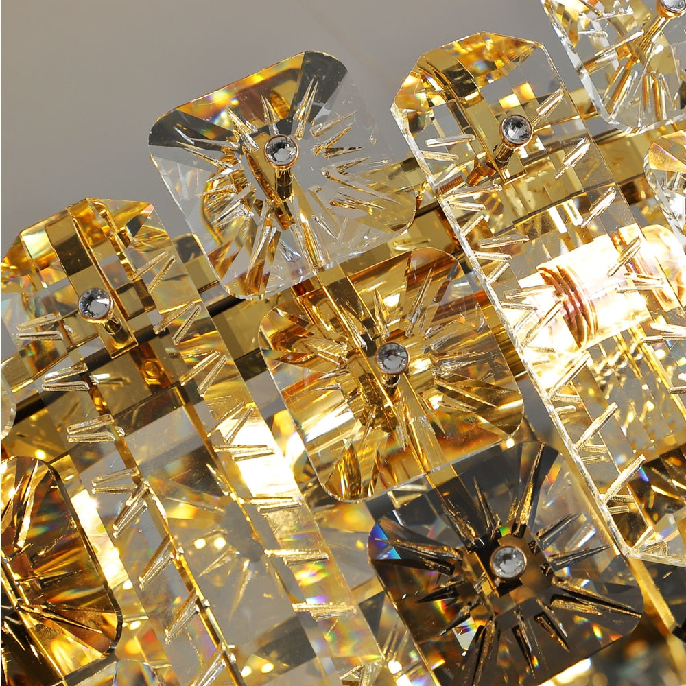 Detailed view of circular frame and suspended rectangular crystals on Sigston chandelier