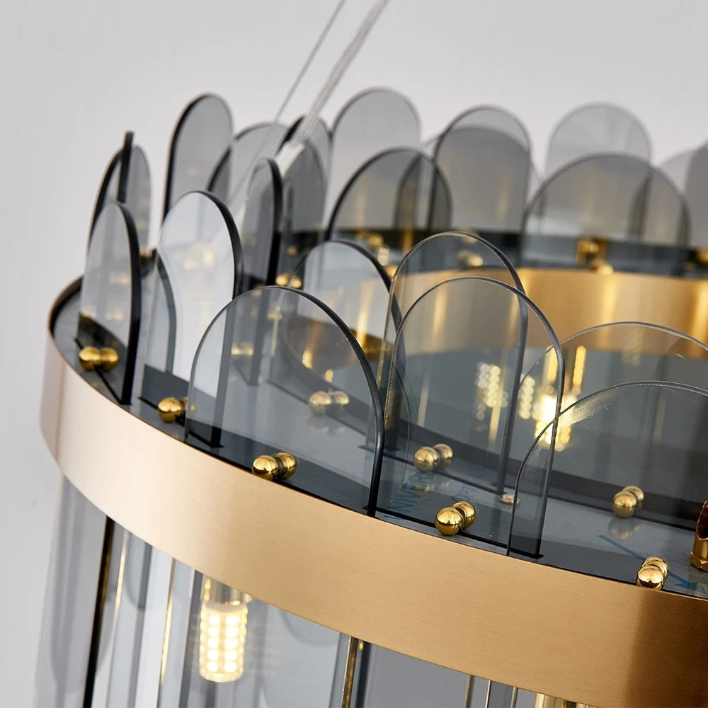 Textured glass detail from Valparaiso circular chandelier creating refined modern lighting effect