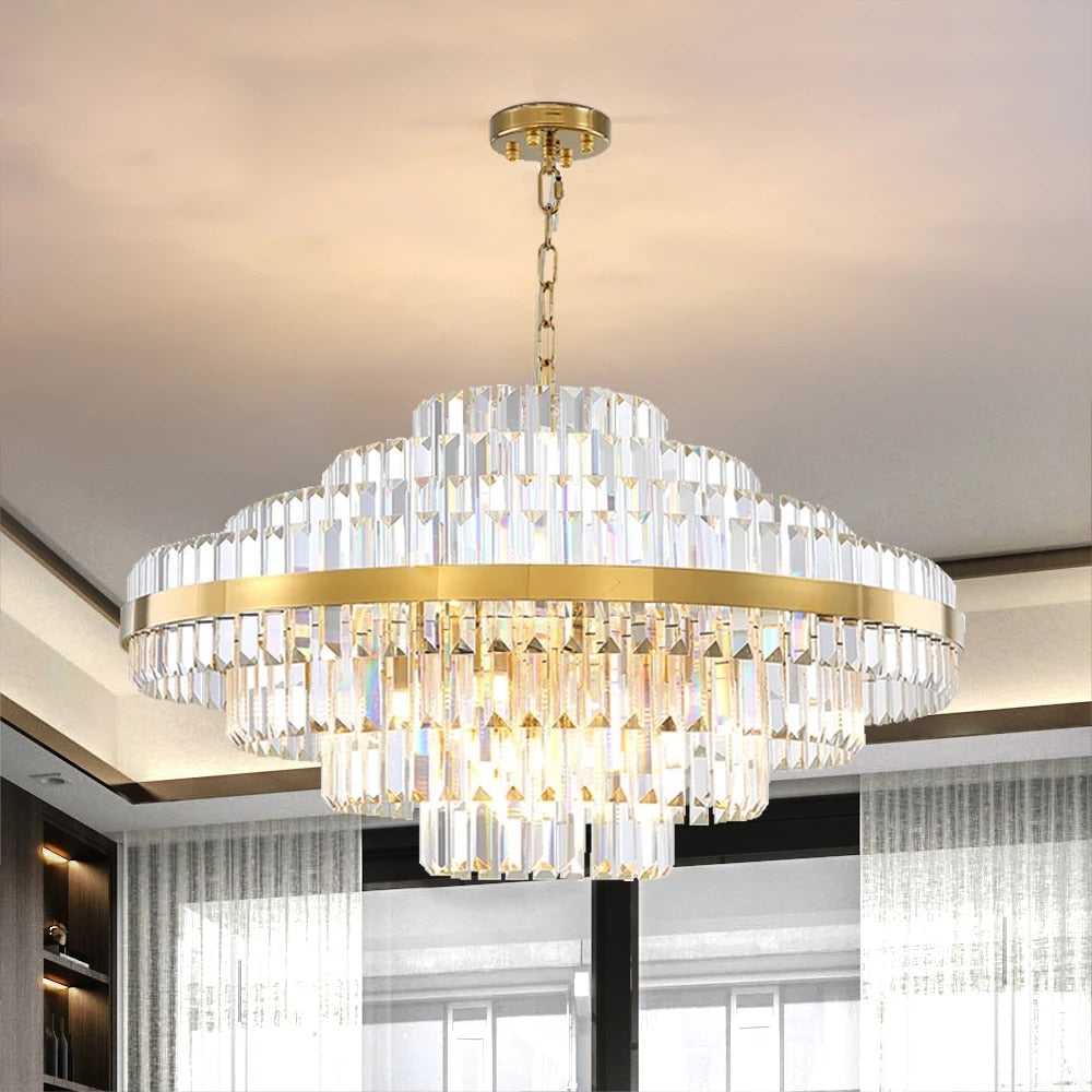 Circular chandelier with multi-tiered crystal bars in a contemporary interior.