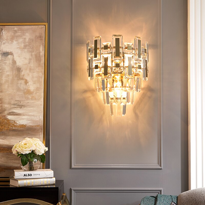 Close-up highlighting the Belvedere wall light’s rectangular and square crystal bars.