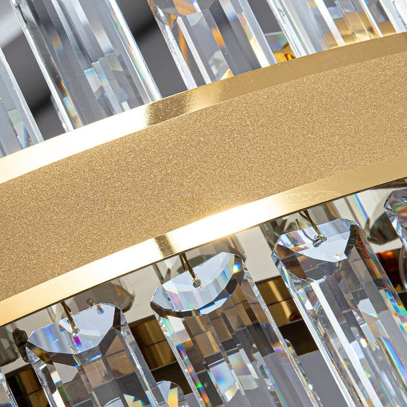 Underneath view of the Brighouse Circular Chandelier showing cascading rounded rectangle crystals.