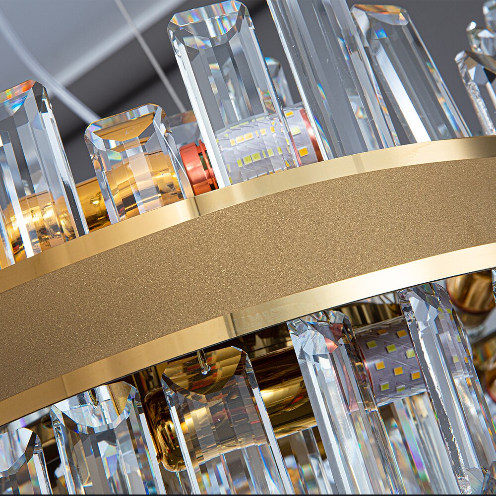 Close-up of the Brighouse Rectangular Chandelier showcasing alternating rounded rectangle diamond-cut crystals.