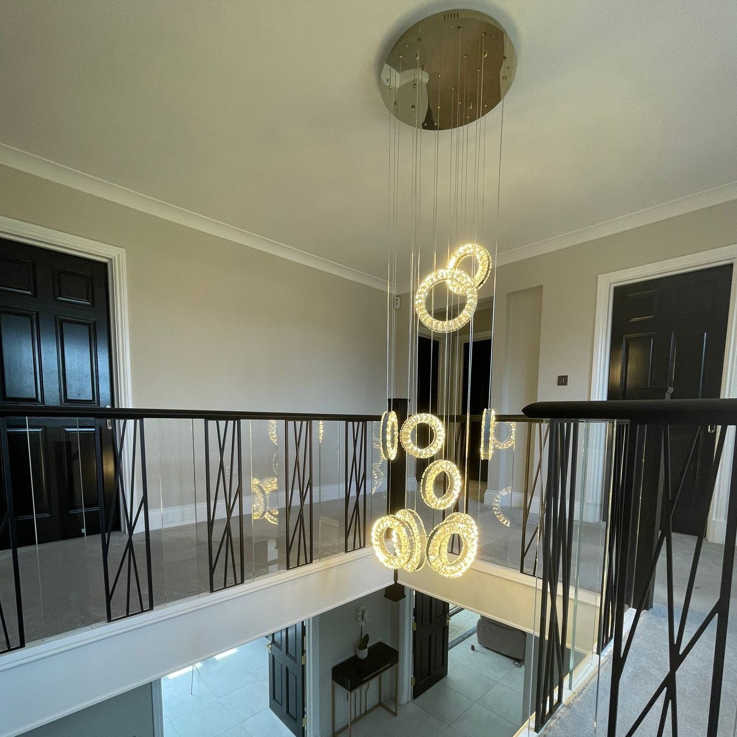 Farnham staircase chandelier cascading crystal ring pendants