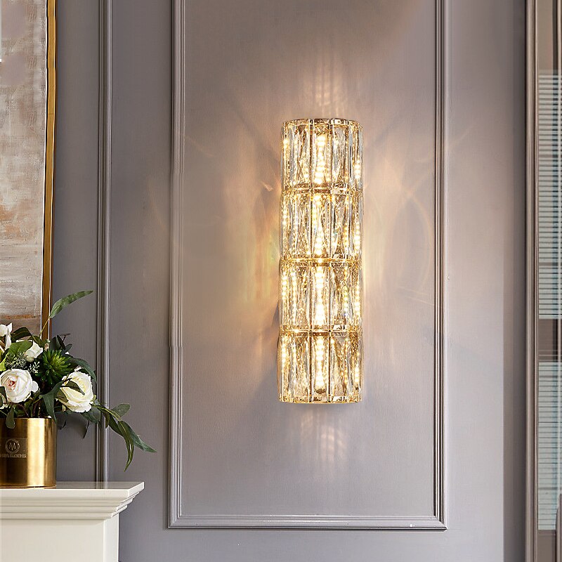 Gaia wall light featuring diamond cut rectangular crystals in a luxury interior