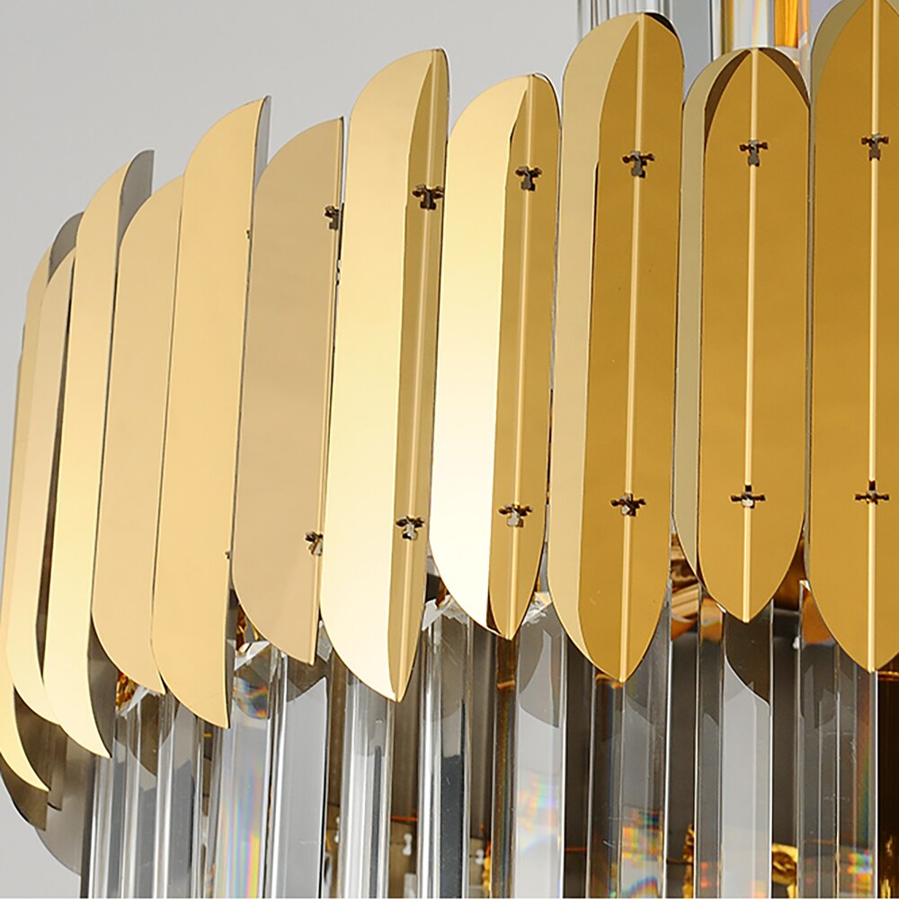 Luxury Manhattan spiral chandelier from VORELLI® suspended above a contemporary staircase, showcasing cascading crystal detailing and statement lighting design.