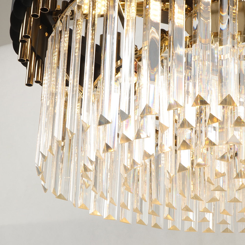 Close-up of faceted crystal bars forming the lower tier of the VORELLI Milltimber ceiling light