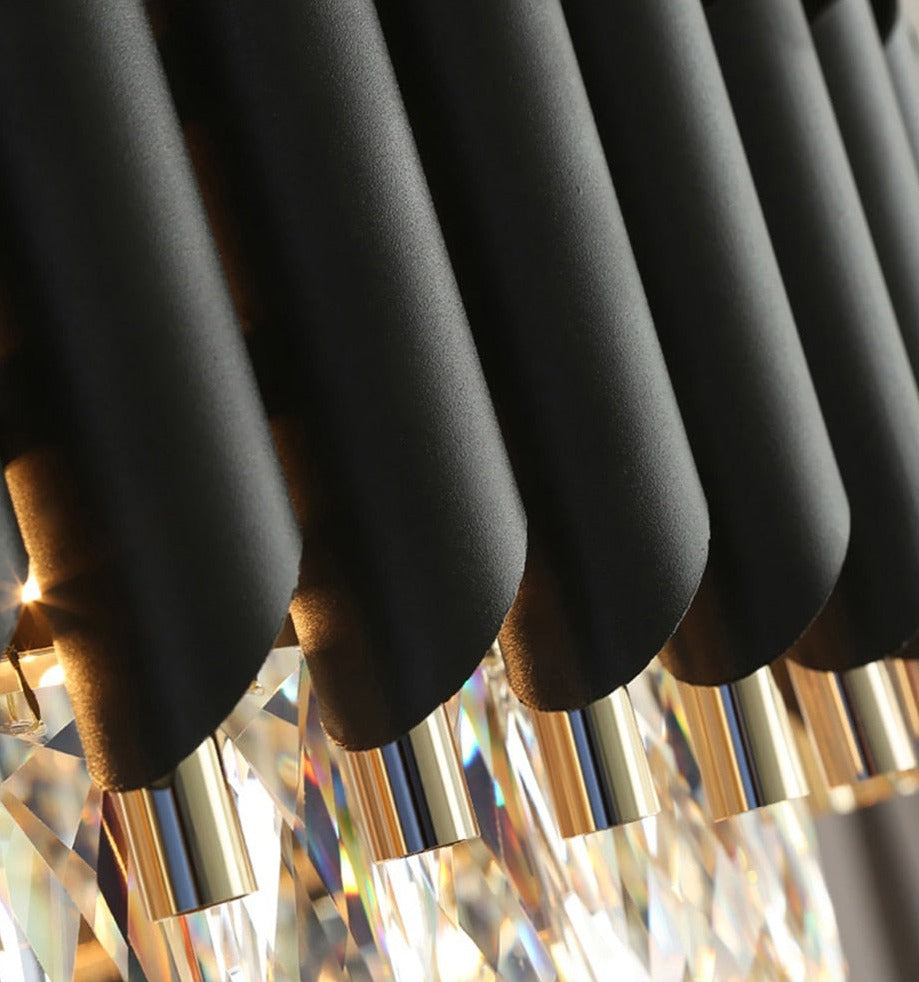 Detailed view of diamond cut rectangular crystal prisms on VORELLI® Milltimber luxury chandelier