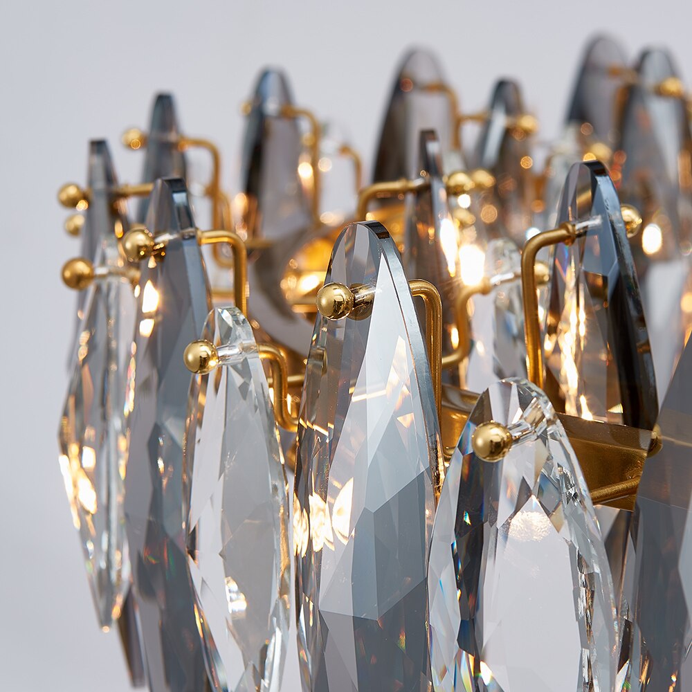 Detailed view of clear and smoky crystal ovals arranged on VORELLI® Oakhill modern chandelier