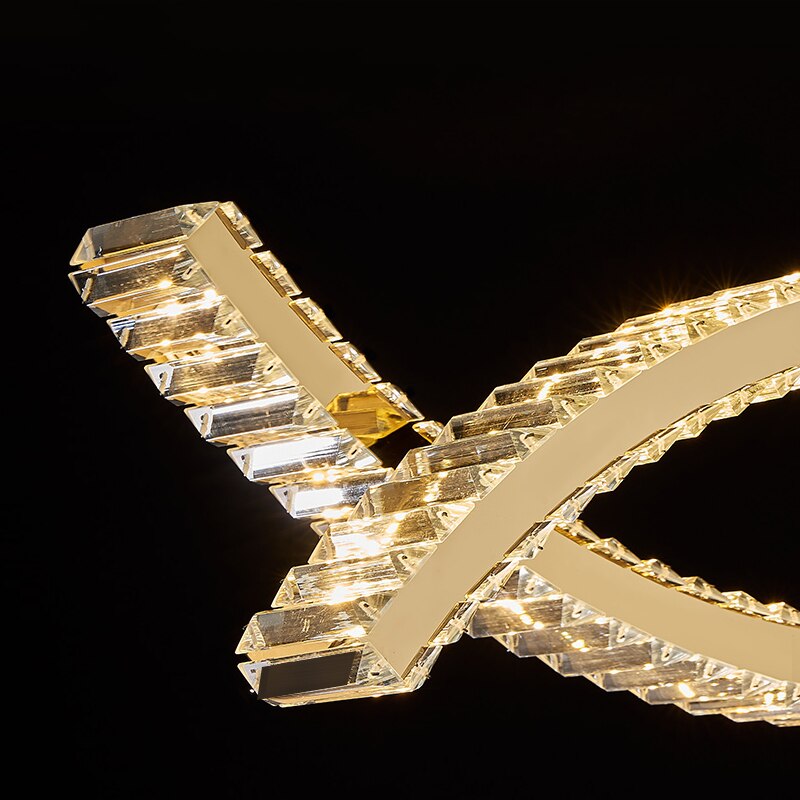 Close up underside view of VORELLI® Oia Rectangular Chandelier II highlighting flowing wave frame and integrated crystal bars