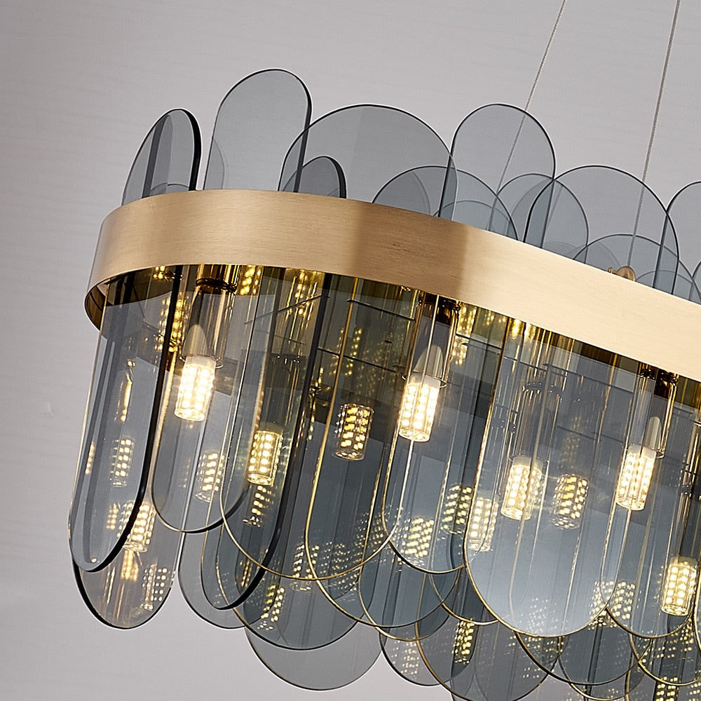 Close-up of oblong glass elements on luxury rectangular chandelier showing refined texture and light diffusion