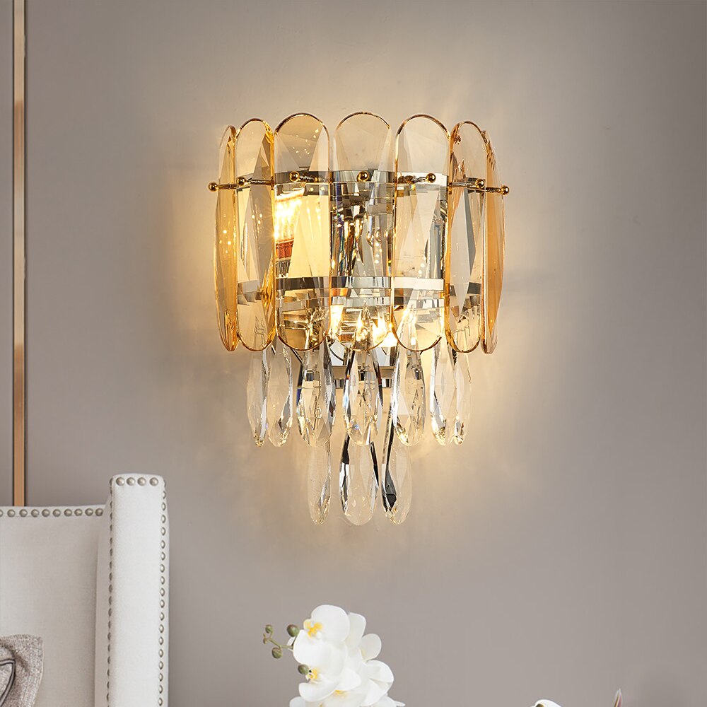 Crystal wall light in bedroom interior creating soft ambient lighting and refined atmosphere