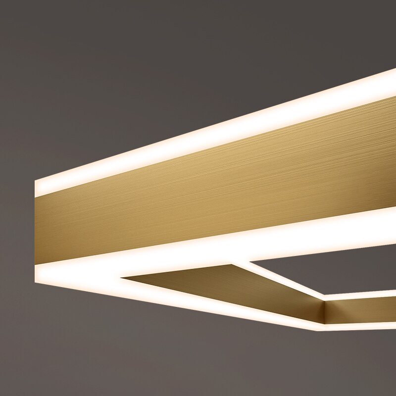 Close-up of integrated LED strip on square frame chandelier showing clean modern lighting design
